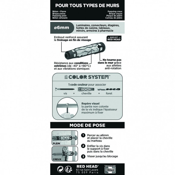Lot De 8 Chevilles Et Vis Couleur Red Head, Diam.6 Mm X L.37 Mm