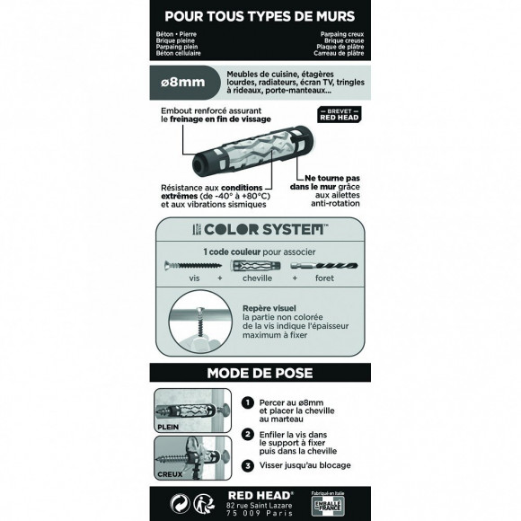 Lot De 6 Chevilles Et Vis Couleur Red Head, Diam.8 Mm X L.50 Mm