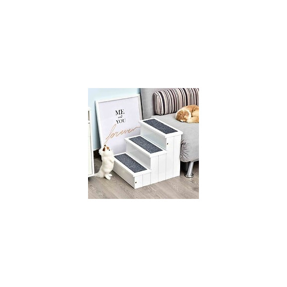 Escalier Pour Chien Animaux Rampe 3 Marches Revêtement Tapis Coffre Interne Rangement Blanc Gris