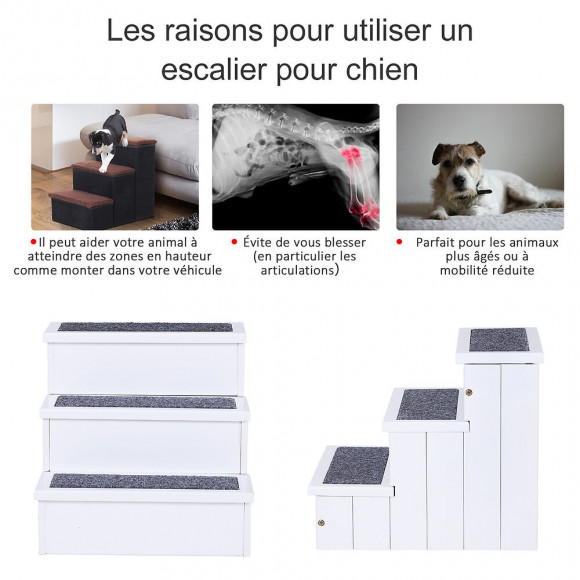 Escalier Pour Chien Animaux Rampe 3 Marches Revêtement Tapis Coffre Interne Rangement Blanc Gris