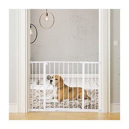 Barrière De Sécurité Longueur Réglable Dim. 72-107l X 76h Cm Sans Perçage Métal Plastique Blanc