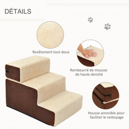 Escalier Pour Chien Animaux Rampe 2/3 Marches Déhoussable Dim. 54l X 40l X 39h Cm Mousse Haute Densité Tissu Peluche Courte M