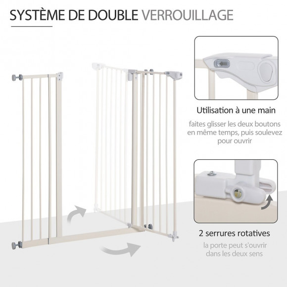Barrière De Sécurité Longueur Réglable Dim. 74-84 Cm Ou 92-102 Cm Sans Perçage Métal Plastique Blanc