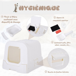 Maison De Toilette Pour Chat Tiroir À Litière Coulissant Porte Battante Filtre Odeur + Pelle Fournis 54l X 42l X 41h Cm Blanc