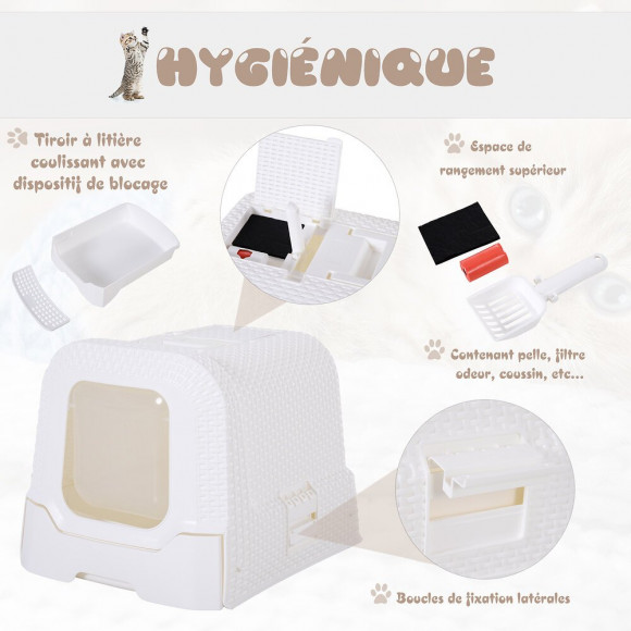 Maison De Toilette Pour Chat Tiroir À Litière Coulissant Porte Battante Filtre Odeur + Pelle Fournis 54l X 42l X 41h Cm Blanc