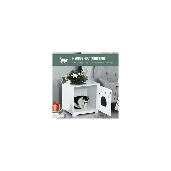 Maison De Toilette Pour Chat Design Porte Entrée Patte Chat 2 Mdf Blanc