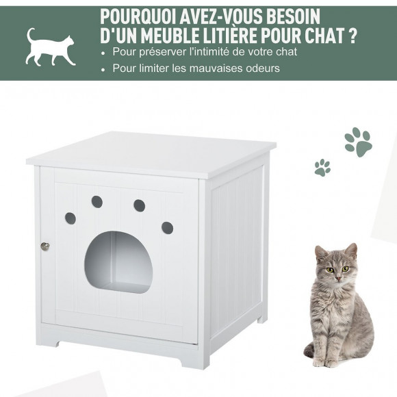 Maison De Toilette Pour Chat Design Porte Entrée Patte Chat 2 Mdf Blanc