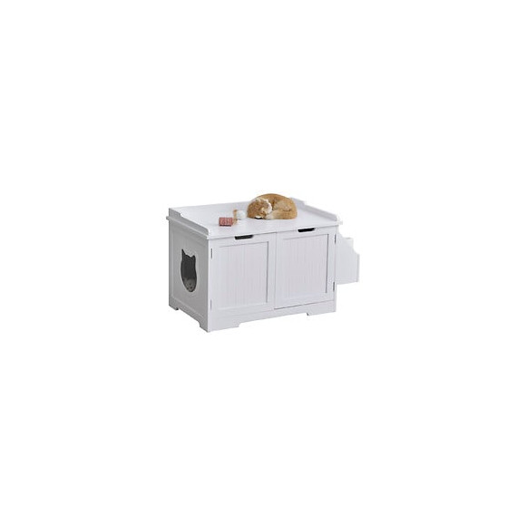 Maison De Toilette Pour Chat Design Entrée Tête Chat 2 Portes Rangement Latéral Et Plateau Mdf Blanc