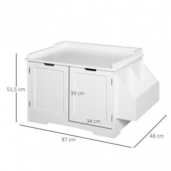 Maison De Toilette Pour Chat Design Entrée Tête Chat 2 Portes Rangement Latéral Et Plateau Mdf Blanc