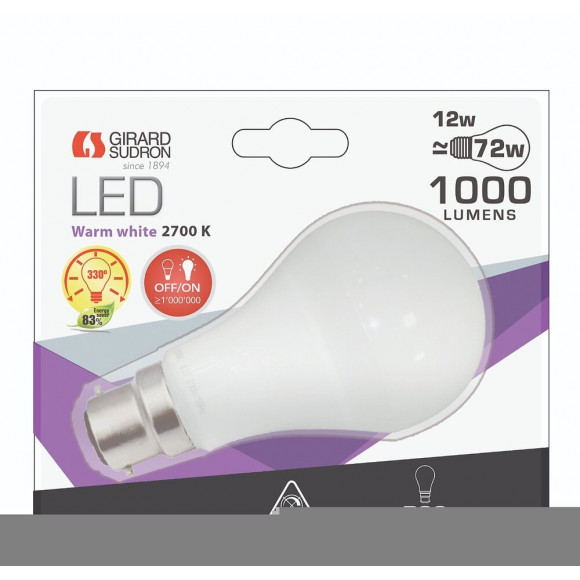 Ampoule Standard A65 Led 330° 12w B22 Blanc Chaud 1000lm