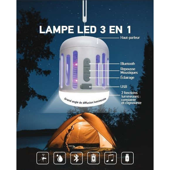 Lampe Led 3en1 Enceinte Bluetooth Repousse Moustiques 7w