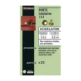 25 Rivets Tubulaires Acier / Laiton Ø 3 X 8 Mm