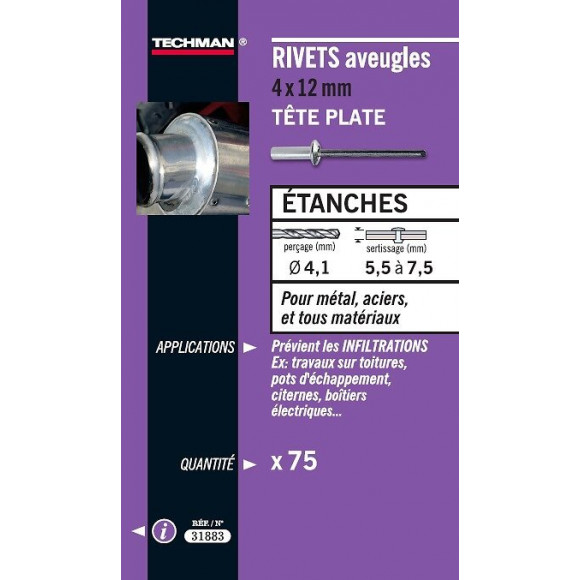75 Rivets Étanches Alu/acier (tête Plate) Ø 4 X 10 Mm