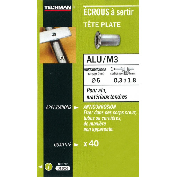 40 Écrous M3 À Sertir Alu Avec Tête Plate