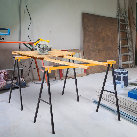 Lot De 2 Tréteaux Pliables Compactes Poignée Transport Dim. 100l X 50l X 76h Cm Surface Antidérapante Métal Noir Jaune