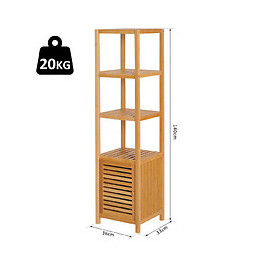 Meuble Colonne Rangement Salle De Bain Bambou Design Naturel 36l X 33l X 140h Cm 2 Étagères 4 Niveaux + Placard