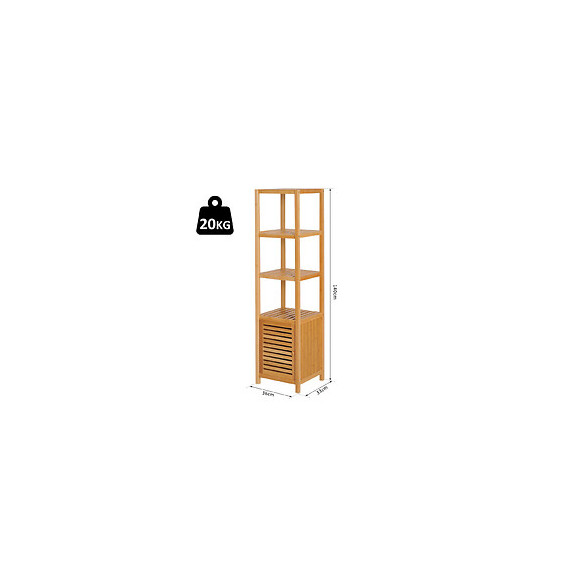 Meuble Colonne Rangement Salle De Bain Bambou Design Naturel 36l X 33l X 140h Cm 2 Étagères 4 Niveaux + Placard