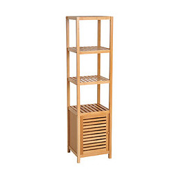 Meuble Colonne Rangement Salle De Bain Bambou Design Naturel 36l X 33l X 140h Cm 2 Étagères 4 Niveaux + Placard