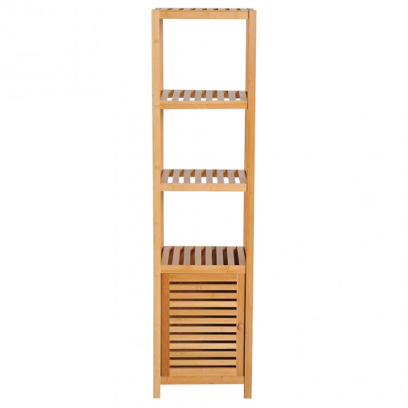 Meuble Colonne Rangement Salle De Bain Bambou Design Naturel 36l X 33l X 140h Cm 2 Étagères 4 Niveaux + Placard