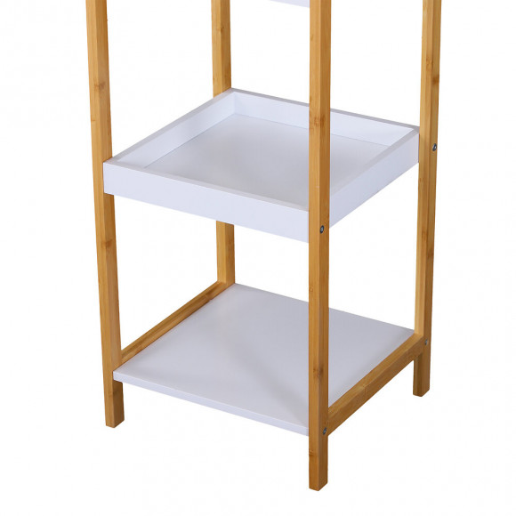 Etagère En Bambou De Salle De Bain Étagère Debout 3 Paniers + 2 Étagères Dim. 32l X 30l X 130h Cm Beige Blanc