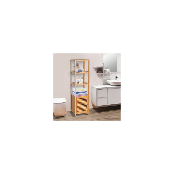 Meuble Colonne Rangement Salle De Bain Bambou Design Naturel 36l X 33l X 140h Cm 2 Étagères 4 Niveaux + Placard