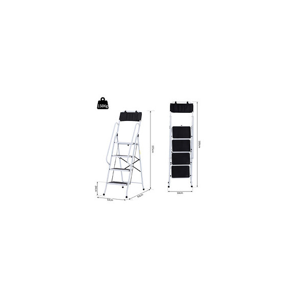 Escabeau Pliable 4 Marches Xl Antidérapantes Double Garde Corps Hauteur Max. 1,55 M Charge Max. 150 Kg Pochette Outils Intégr