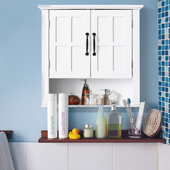 Armoire Haute Murale De Salle De Bain Ou Wc Placard 2 Portes 2 Étagères Niche Dim. 60l X 20l X 58h Cm Mdf Panneaux Particules