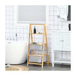 Etagère En Bambou De Salle De Bain, Étagère Pliable - 2 Paniers, Étagère - Dim. 44l X 33l X 108h Cm - Bambou Polyester Gri