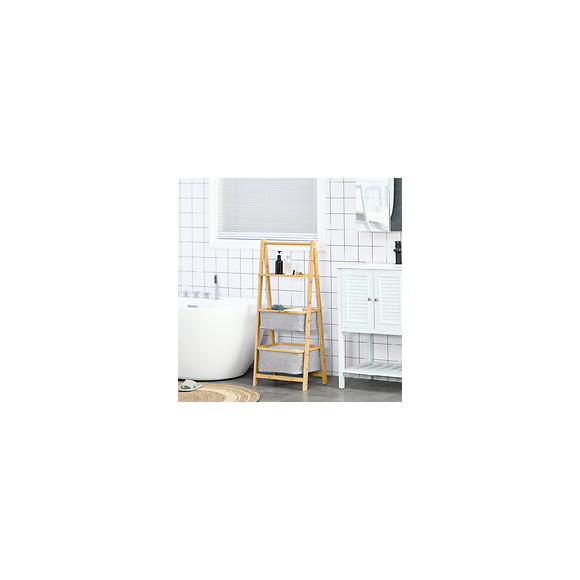 Etagère En Bambou De Salle De Bain, Étagère Pliable - 2 Paniers, Étagère - Dim. 44l X 33l X 108h Cm - Bambou Polyester Gri
