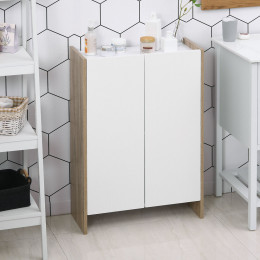 Meuble De Rangement 2 Portes Salle De Bain Salon Couleur Blanc Et Chêne Dim. 60l X 25l X 90h Cm