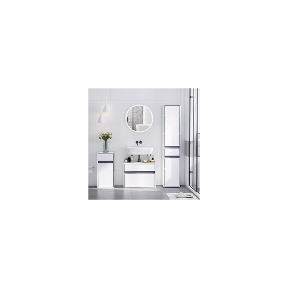 Meuble Colonne Rangement Salle De Bain Style Contemporain 2 Placards 3 Étagères Et Tiroir Coulissant Panneaux Particules Blan