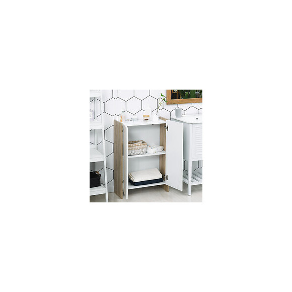 Meuble De Rangement 2 Portes Salle De Bain Salon Couleur Blanc Et Chêne Dim. 60l X 25l X 90h Cm