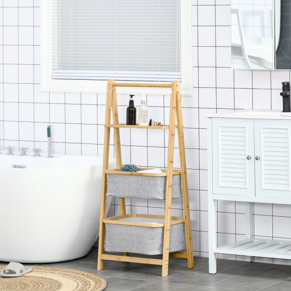 Etagère En Bambou De Salle De Bain, Étagère Pliable - 2 Paniers, Étagère - Dim. 44l X 33l X 108h Cm - Bambou Polyester Gri