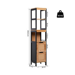 Meuble Colonne Rangement Salle De Bain Style Cosy Dim. 30l X 30l X 144h Cm 3 Étagères 2 Tiroirs Bambou Mdf Noir
