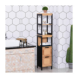Meuble Colonne Rangement Salle De Bain Style Cosy Dim. 30l X 30l X 144h Cm 3 Étagères 2 Tiroirs Bambou Mdf Noir