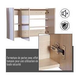 Armoire Murale Miroir Salle De Bain 3 Portes 3 Étagères Dim. 90l X 14l X 60h Cm Panneaux Particules Chêne Clair