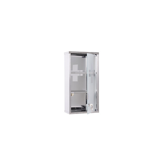Armoire À Pharmacie 2 Étagères 3 Niveaux Verrouillable Porte Verre Trempé Dépoli Logo Croix 25l X 12l X 48h Cm Acier Inox