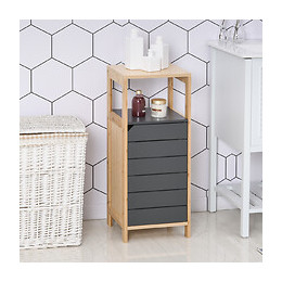 Meuble Colonne Rangement Salle De Bain Style Cosy Dim. 32l X 30l X 80h Cm Porte Étagères Niche Bambou Gris