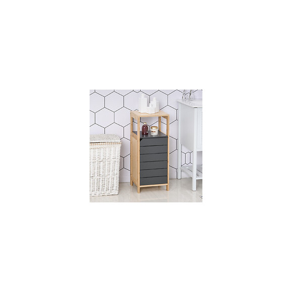Meuble Colonne Rangement Salle De Bain Style Cosy Dim. 32l X 30l X 80h Cm Porte Étagères Niche Bambou Gris
