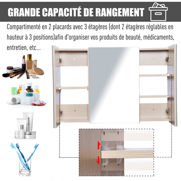 Armoire Murale Miroir Salle De Bain 3 Portes 3 Étagères Dim. 90l X 14l X 60h Cm Panneaux Particules Chêne Clair