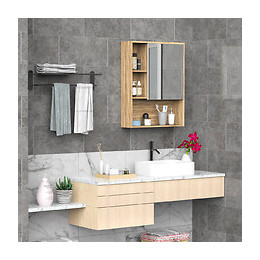 Armoire Murale De Rangement Salle De Bain Avec Porte Miroir Couleur Bois De Chêne Dim. 60l X 15l X H76 Cm