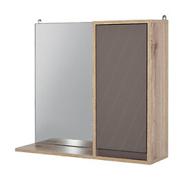 Miroir De Salle De Bain Avec Étagère Et Placard - Système Fixation Intégré - Panneaux Particules Chêne Clair Gris