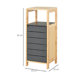 Meuble Colonne Rangement Salle De Bain Style Cosy Dim. 32l X 30l X 80h Cm Porte Étagères Niche Bambou Gris