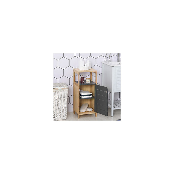 Meuble Colonne Rangement Salle De Bain Style Cosy Dim. 32l X 30l X 80h Cm Porte Étagères Niche Bambou Gris
