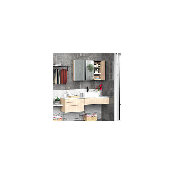 Armoire Murale Miroir Salle De Bain 3 Portes 3 Étagères Dim. 90l X 14l X 60h Cm Panneaux Particules Chêne Clair