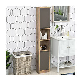 Meuble Colonne Rangement Salle De Bain Style Cosy Dim. 30l X 24l X 170h Cm 2 Portes Étagère 2 Niches Chêne Clair Gris