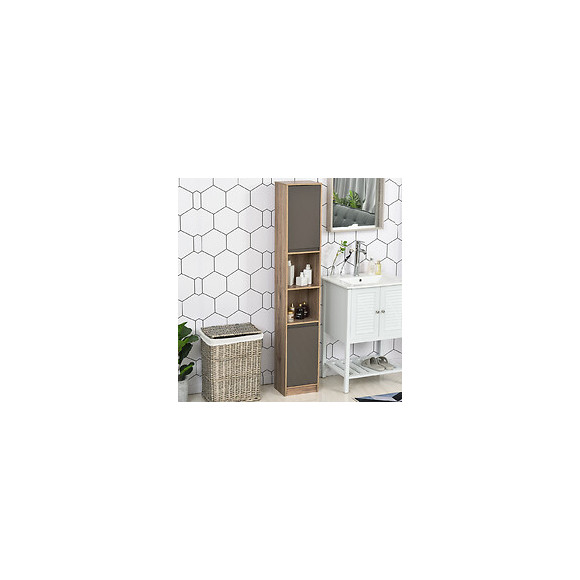 Meuble Colonne Rangement Salle De Bain Style Cosy Dim. 30l X 24l X 170h Cm 2 Portes Étagère 2 Niches Chêne Clair Gris