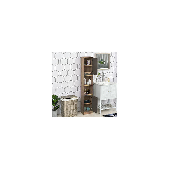 Meuble Colonne Rangement Salle De Bain Style Cosy Dim. 30l X 24l X 170h Cm 2 Portes Étagère 2 Niches Chêne Clair Gris