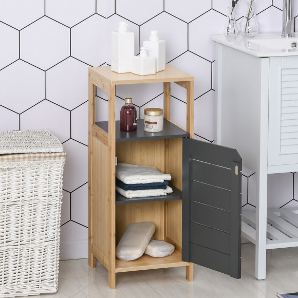 Meuble Colonne Rangement Salle De Bain Style Cosy Dim. 32l X 30l X 80h Cm Porte Étagères Niche Bambou Gris