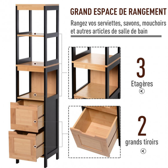 Meuble Colonne Rangement Salle De Bain Style Cosy Dim. 30l X 30l X 144h Cm 3 Étagères 2 Tiroirs Bambou Mdf Noir